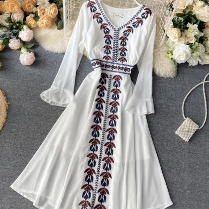 Stylish A Line Embroidery Dress V Neck Chiffon..