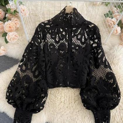 Stylish hollow lace top puff sleeve..