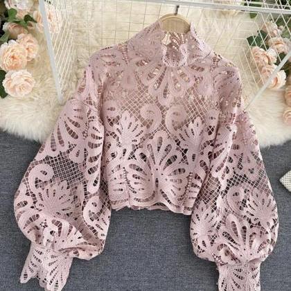 Stylish hollow lace top puff sleeve..