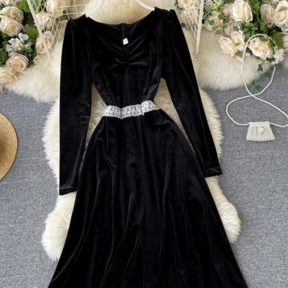Black Velvet Long Sleeve Dress Lace Dress
