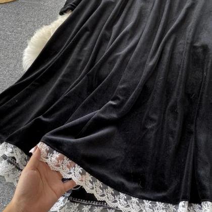 Black Velvet Long Sleeve Dress Lace Dress