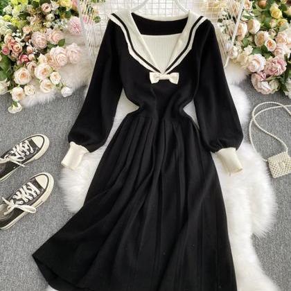 Black Navy Style Knitted Dress Long Sleeve Dress