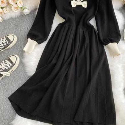 Black Navy Style Knitted Dress Long Sleeve Dress