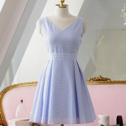 Cute Blue V Neck Short Dress With Bow Fashion Girl..