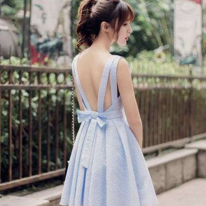 Cute Blue V Neck Short Dress With Bow Fashion Girl..