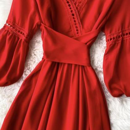 Red A line chiffon dress fashion gi..