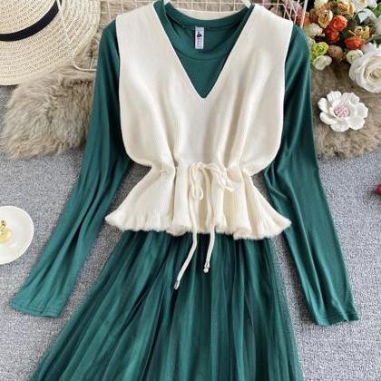 Cute V Neck Knitted Vest+ Long Sleeve Dress Two..