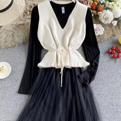 Cute V Neck Knitted Vest+ Long Sleeve Dress Two..