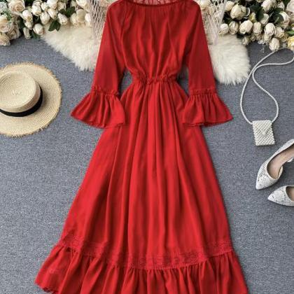 Red Chiffon Lace Dress Red A Line Dress