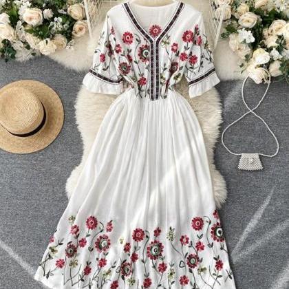A Line V Neck Embroidery Dress
