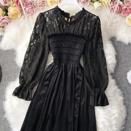 Elegant Black Velvet Lace Dress Long Sleeve Dress
