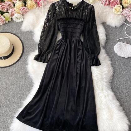 Elegant Black Velvet Lace Dress Long Sleeve Dress