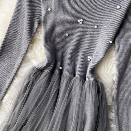 Knitted Tulle Panel Dress Long Sleeve Dress