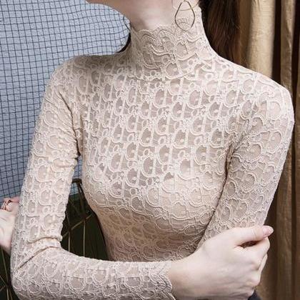 Stylish Lace Long-sleeved Bottoming Shirt See..