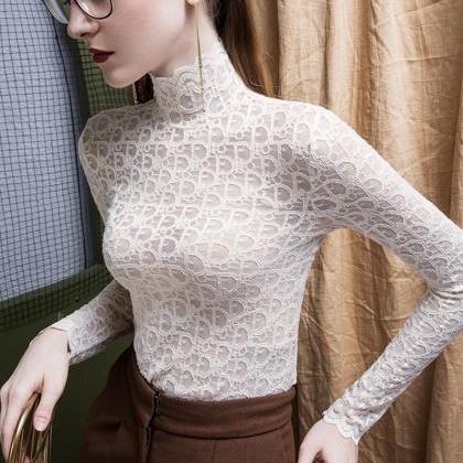 Stylish Lace Long-sleeved Bottoming Shirt See..