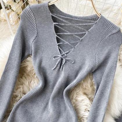 V Neck Knitted Sweater Dress