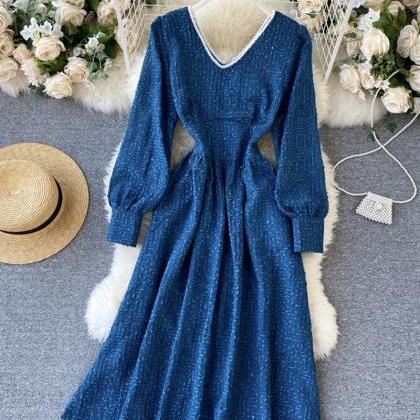 Blue V Neck Long Sleeve Dress