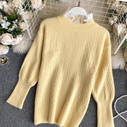 Cute Round Neck Lace Long Sleeve Sweater
