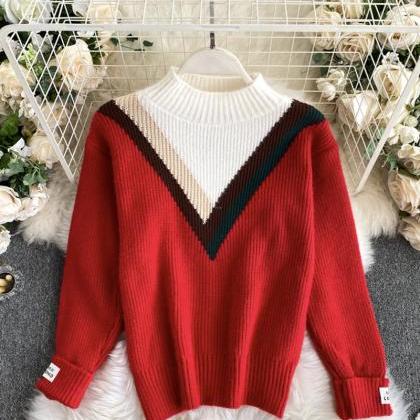 Red Round Neck Long Sleeve Sweater