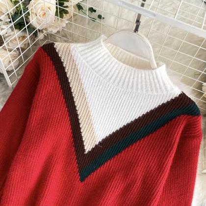 Red Round Neck Long Sleeve Sweater