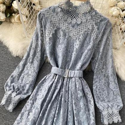 Elegant O-neck Lace Long Sleeve Dress
