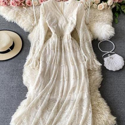 Elegant V Neck Lace Long Sleeve Dress