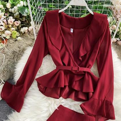 Two Pieces Sets Fashion V Neck Long Sleeve Tops +..