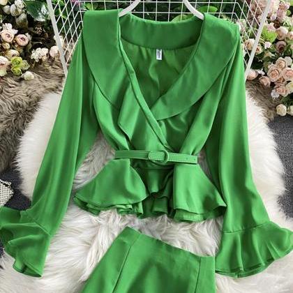 Two Pieces Sets Fashion V Neck Long Sleeve Tops +..