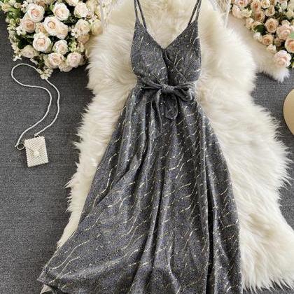 V-neck Sequins Lace Long Dresses Black