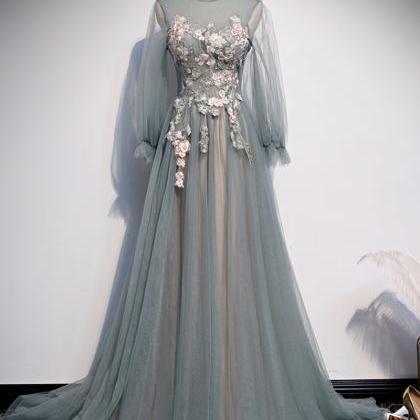 Blue Tulle Lace Appliqué Long Prom Dress Evening..