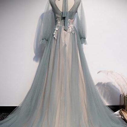 Blue Tulle Lace Appliqué Long Prom Dress Evening..