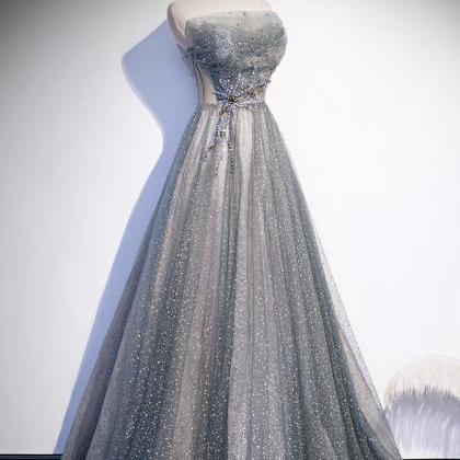 Gray Tulle Beads Long Prom Dress Shiny Evening..