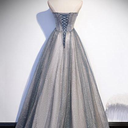 Gray Tulle Beads Long Prom Dress Shiny Evening..