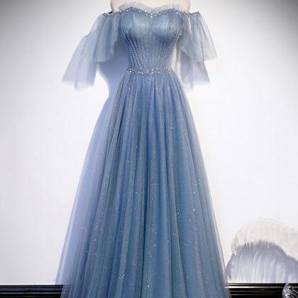 High Quality Tulle Beads Long Prom Dress Blue..