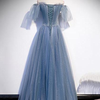 High Quality Tulle Beads Long Prom Dress Blue..