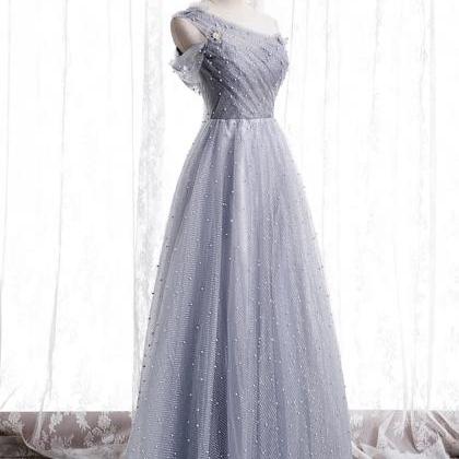 Gray Tulle Beads Long Prom Dress Cute Evening..