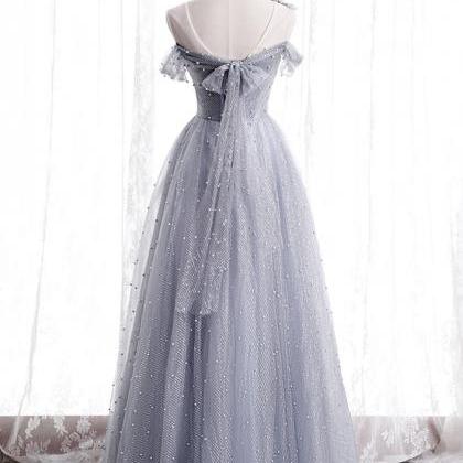 Gray Tulle Beads Long Prom Dress Cute Evening..