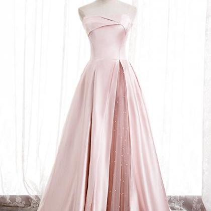 Pink Satin Long Strapless Prom Dress Evening Dress