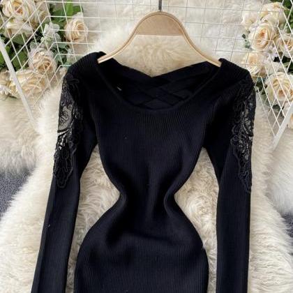Sexy Long Sleeve Knitted Sweater Lace Panel..