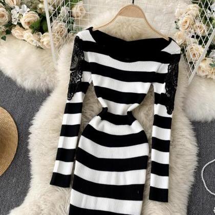 Sexy Long Sleeve Knitted Sweater Lace Panel..