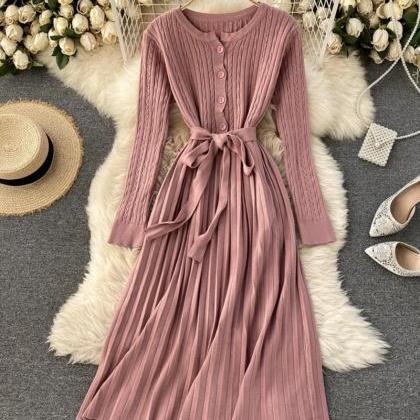 Simple Long Sleeve Knitted Dress Sweater Dress