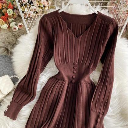 Simple V Neck Knitted Dress Sweater Dress