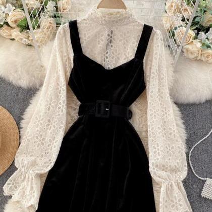 Stylish Lace Velvet Long Sleeve Dress Fashion..