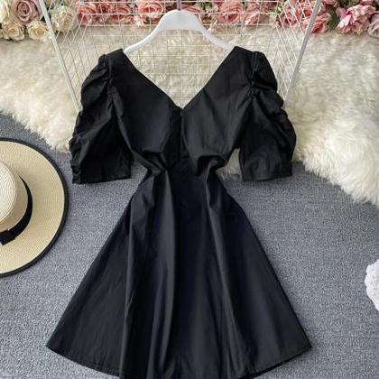 Simple A Line Short Dress Black V Neck Dress