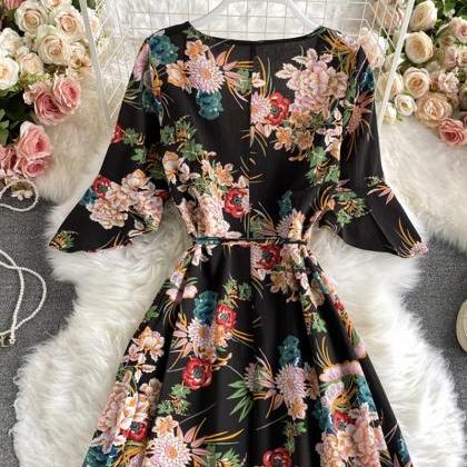 Black A Line V Neck Floral Dress