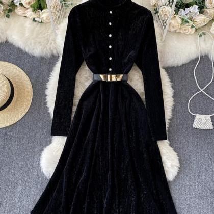 Elegant A Line Velvet Dress Long Sleeve Dress