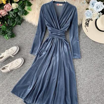 Elegant V Neck Velvet Dress Long Sleeve Dress on Luulla