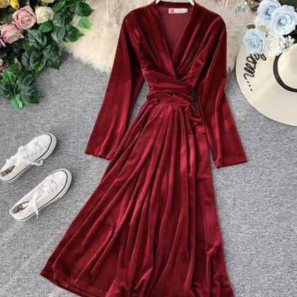 Elegant V Neck Velvet Dress Long Sleeve Dress on Luulla