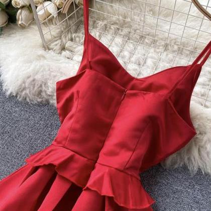 Red V Neck Satin Short Dress