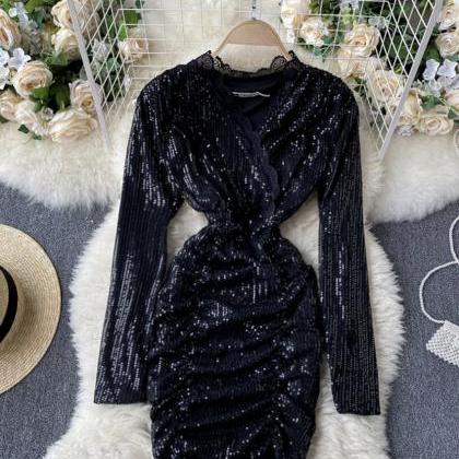Stylish v neck sequins short dress ..